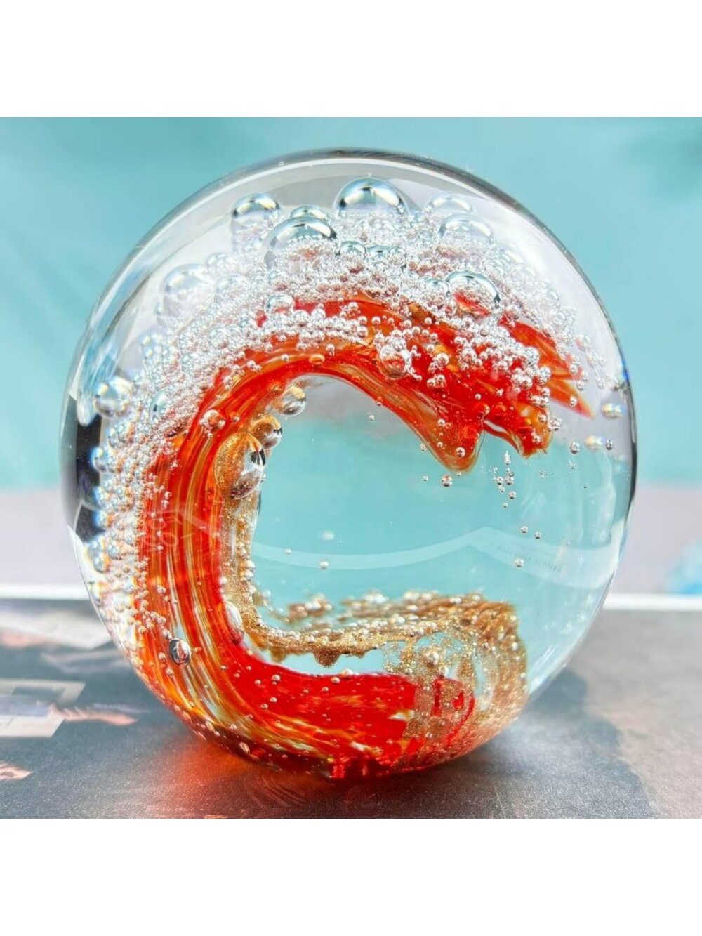 Ocean Waves Crystal Ball Paperweight - Blown Glass Decor for Sea Lovers Gift
